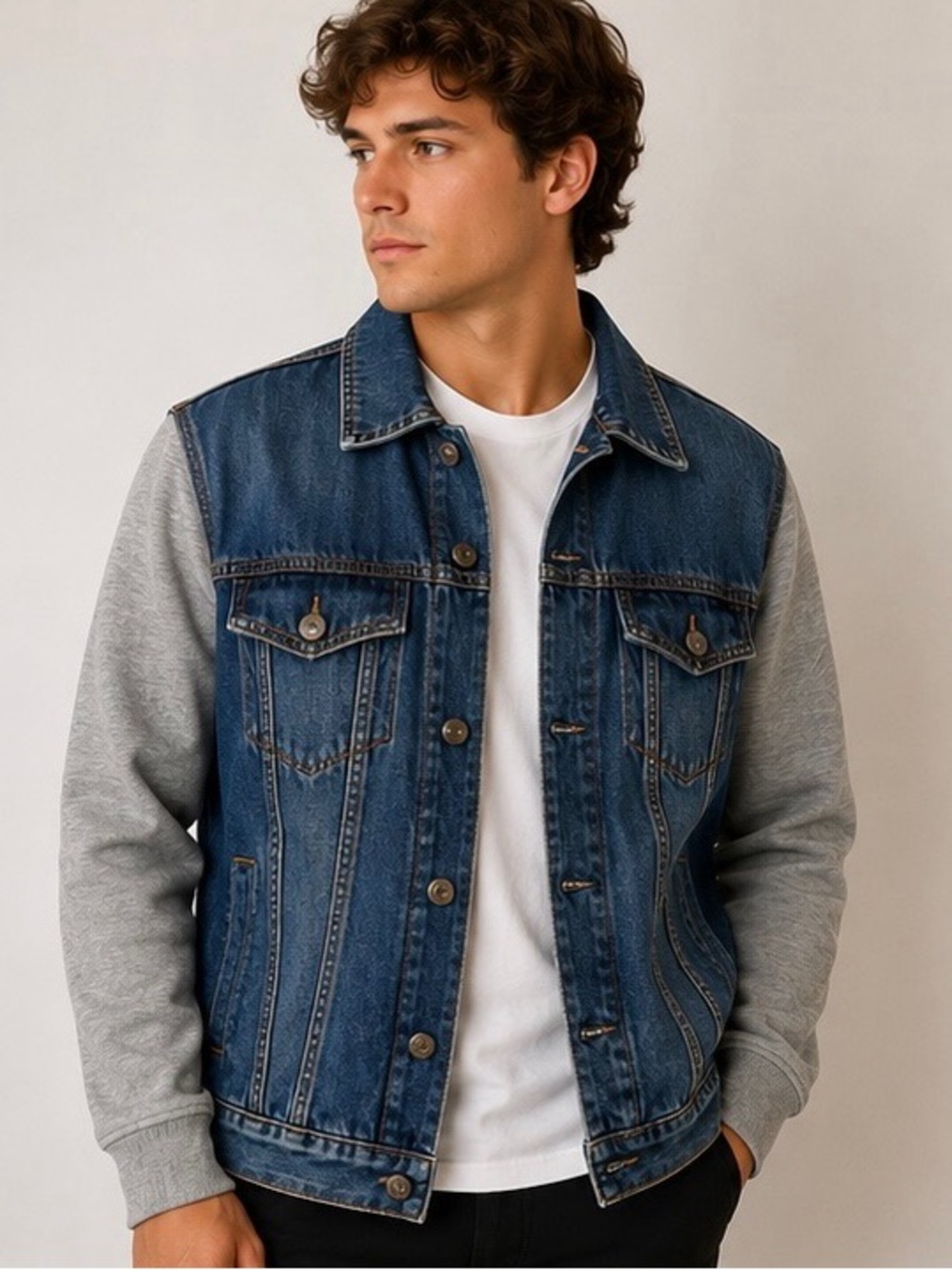 Guess Blue Denim Bomber Jacket with Gray Sleeves